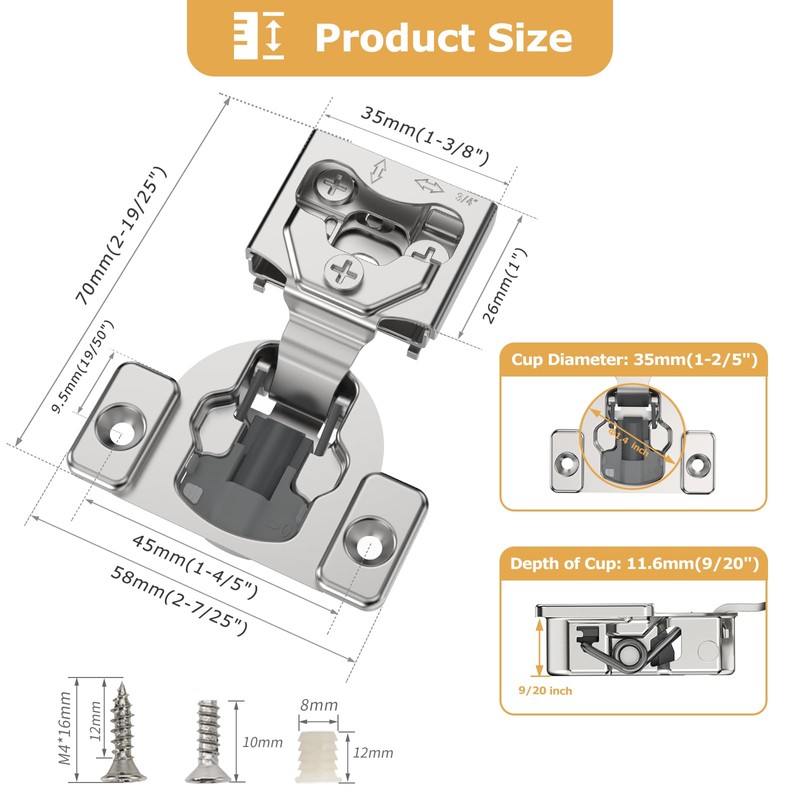 Furniware 2 Pieces 3/4" Small Overlay Concealed Face Frame Hinges,