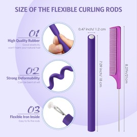 Syhood 30 Pcs 7'' Flexible Curling Rods Twist Foam Hair Rollers Soft Foam No Heat Hair Rods Rollers and 1 Steel Pintail Comb Rat Tail Comb for Women Long Short Hair(Purple,7 x 0.47 Inch)