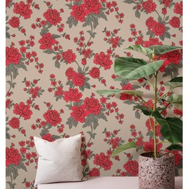 JZ·HOME 9175 Floral Peel and Stick Wallpaper 17.7" x 9.8ft Red/Khaki Peony Flower Removable Contact Paper Self Adhesive Shelf Liner Furniture Vinyl Decorative Film