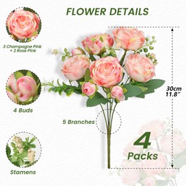 ZINHO 4 Packs Artificial Peony Flowers, 20 Heads & 16 Buds, Realistic Fake Silk Flowers for Home Decor, Wedding Bouquets DIY Crafts Includes 2 Ties & 1.8m Ribbon (Pink)