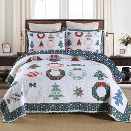 MarCielo 3 Piece Christmas Quilt Set, Rustic Lodge Deer Quilt Bedspread Throw Blanket Lightweight Bedspread Coverlet Comforter Set (Blue Candy, King)