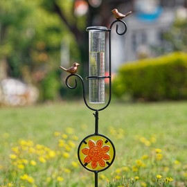 viterlight Rain Gauge Outdoor, Hummingbird Rain Gauge, Metal Rain Measure Gauge with Stained Glass, Decorative Rainfall Measurement for Patio, Lawn, Garden Decor