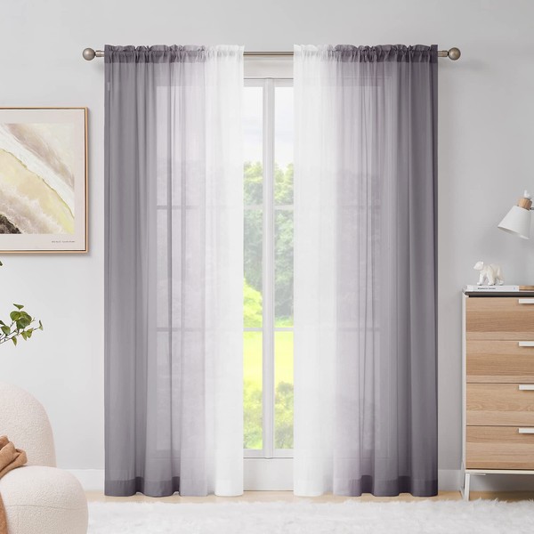 Melodieux Grey Ombre Sheer Curtains Chiffon Grey Gradient Rod Pocket