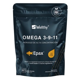 Wellthy Omega 3, 9, 11 Epax 90 Cápsulas. El aceite de pescado Noruego Epax es ultra concentrado en EPA 1000mg, DHA 400mg, Omega 9 180mg. Bottle Free. 