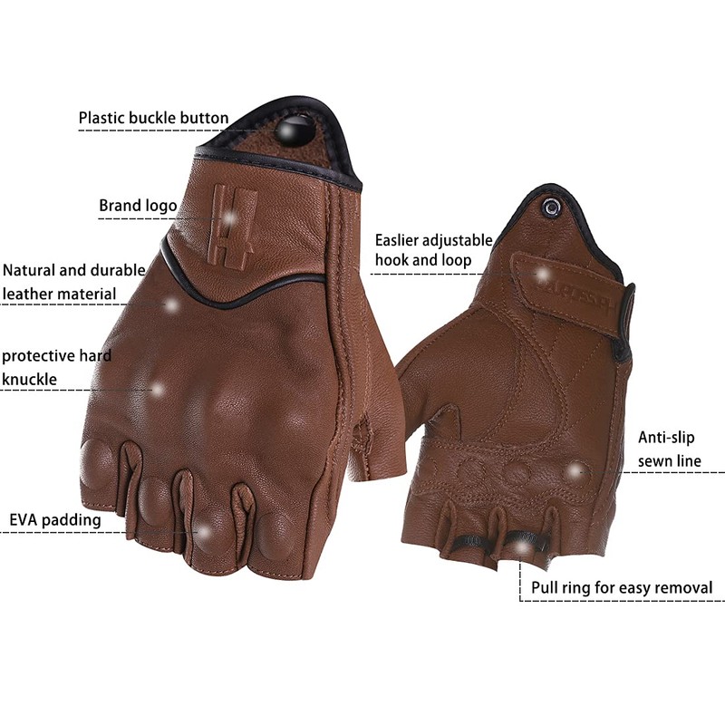 Harssidanzar Mens Gloves Half Finger Goatskin Leather Motorcycle Gloves GM037UK,