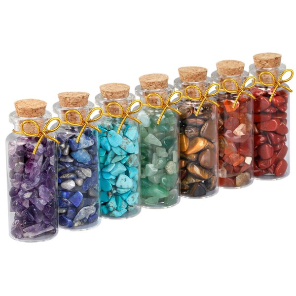 SUNYIK 7 Chakra Stone Wishing Bottles Set of 7, Tumble Chip Crystal Healing Reiki Wicca Stones Kit