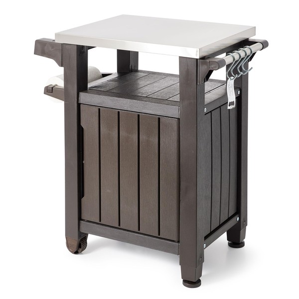 Keter Unity 35.4 Inches x 29.6 Inches x 22.7 Inches Stainless Steel and Resin Outdoor Kitchen Cart with Storage Cabinet and Hooks, Espresso Brown