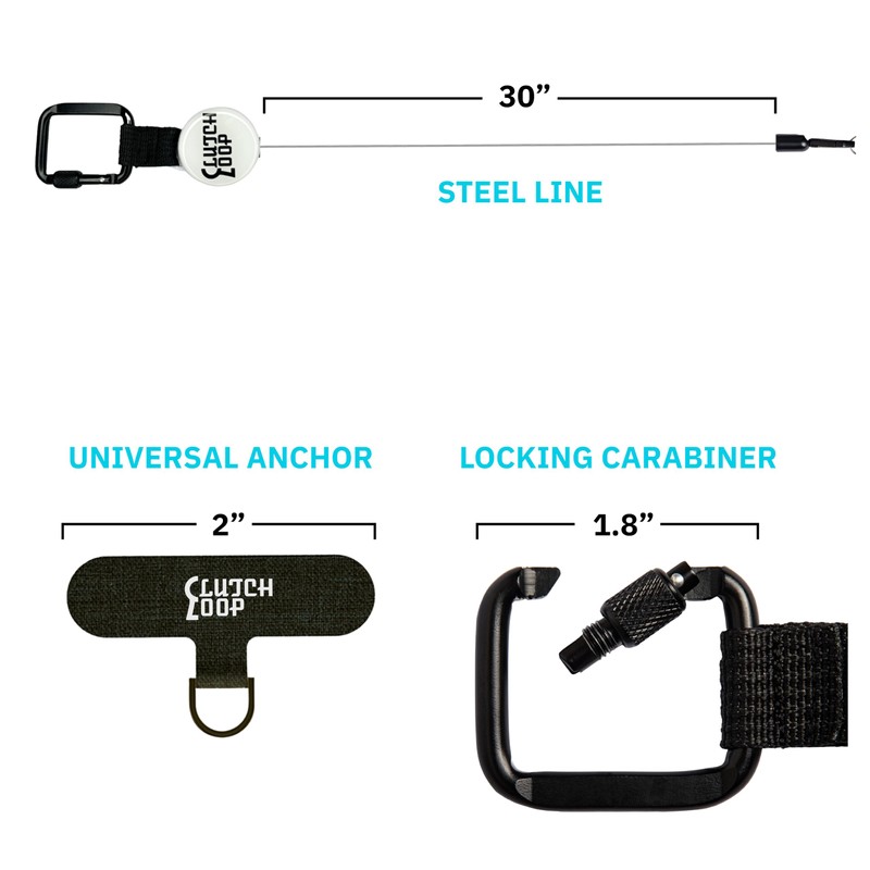 ClutchLoop Anti-Theft Phone Tether. Retractable steel line, Universal anchor &