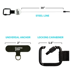 ClutchLoop Anti-Theft Phone Tether. Retractable steel line, Universal anchor & Locking carabiner, White