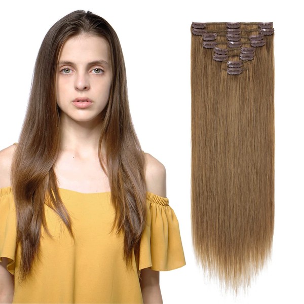 MY-LADY Clip In Hair Extensions Real Human Hair 16 Inch 8pcs Remy Real Hair Extension Clip ins #6 Light Brown 90g Silky Straight Full Head Soft Natural Extension