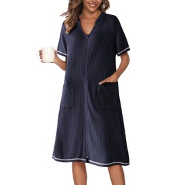 Ekouaer Women Zipper Robes Waffle Short Sleeve Lightweight Housecoat Knee Length Bathrobe Dressing Gown with Pockets