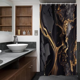 ASDCXZ Marble Shower Curtain Black Gold 120x200 cm, Modern Abstract Black Gold Marble Optic Texture Washable Bath Shower Curtains Polyester Textile Waterproof Shower Curtain for Bathtub with 8 Hooks