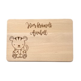 "Hier krümelt..." Brotzeit Board with Various Animal Motifs - Untreated Board with High-Quality Engraving (Tiger)