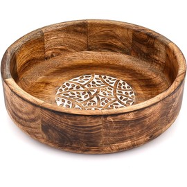 ARAMBH Whitewash & Burnt Mango Wood Fruit Bowl – Handmade Wooden Decorative Bowl for Kitchen Counter, Dining Table & Rustic Home Décor (25.4cm x 25.4cm x 7.62cm)