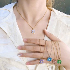 Dainty Clover Flower Pendant Necklace for Women Surgical Stainless Steel Gold Plated Cats Eye Shamrock Leaf Link Chain Necklace Adjustable Lucky St.Patrick's Day Birthday Jewelry Gift 18 Inch (Moonstone)