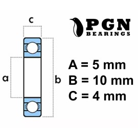 PGN Bearings (10) MR105-2RS Premium Rubber Sealed Ball Bearing, 5x10x4 mm, MR105rs