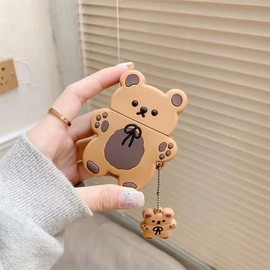 Yatchen Cute AirPods 2nd Generation Case,Kawaii 3D Cartoon Teddy Bear Soft Silicone Protective Cover with Keychain Shockproof Charging Case Compatiable with AirPods 2&1 for Girls Wom（Bear Brown）