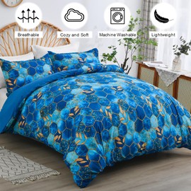 DJY Blue Geometric Duvet Cover Golden Leaves Reversible Bedding Set Soft Breathable Lightweight Duvet Sets 3 Pieces With Zipper Closure (Double, 200x200cm)