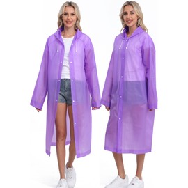 2-Pack Reusable Rain Ponchos for Adults, HOOMBOOM Raincoats Emergency for Women/Men with Drawstring and Sleeves Purple