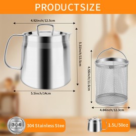 GCQ 304 Stainless Steel Oil Filter Pot Large Capacity 1.5L/50oz with Strainer Versatile Oil Filter Multi-function Frying net Tank for Kitchen Camping - Ideal for Deep Frying, Boiling, and Simmering