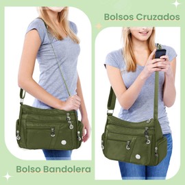Bolso Bandolera Mujer, Hekyip Bolsa Cruzada para Mujer, Bolsa Impermeable Mochila Mariconera Cruzada con Múltiples Bolsillos Cremallera, Tamaño Grande Nylon Bolsas de Hombro (Verde)