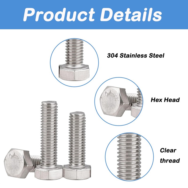 Tayffency 20Pcs 1/4-20 x 2-1/2" Hex Head Screw Bolt, Stainless