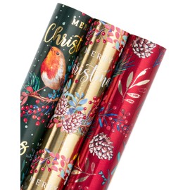 WRAPAHOLIC Christmas Wrapping Paper Roll - Mini Roll - 3 Rolls - 17 Inch x 120 Inch Per Roll - Bird, Christmas Garland, Holly and Pinecones Holiday Design with Metallic Foil Shine