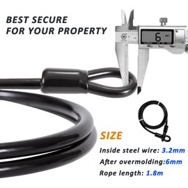 GUNGY 1.8 m Loop Cable Steel Cable with Eyelets Safety Cable 6 mm Thickness with Plastic Coated for Cable Lock Bicycle Trailer, Black