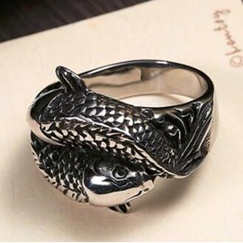 Fish Ring for Men, Norse Viking Koi Carp Ring, Vintage Koi Fish Totem Amulet Ring, Hip Hop Biker Ring, Punk Animal Fish Jewelry for Men Boys (Q)