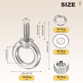 METALLIXITY Shoulder Eye Bolt with Flat Washers & Nuts & Spring Washers (M4x10mm) 10Set, 304 Stainless Steel Machinery Lifting Ring Threaded Eye Bolt - for Load Hoisting, Silver