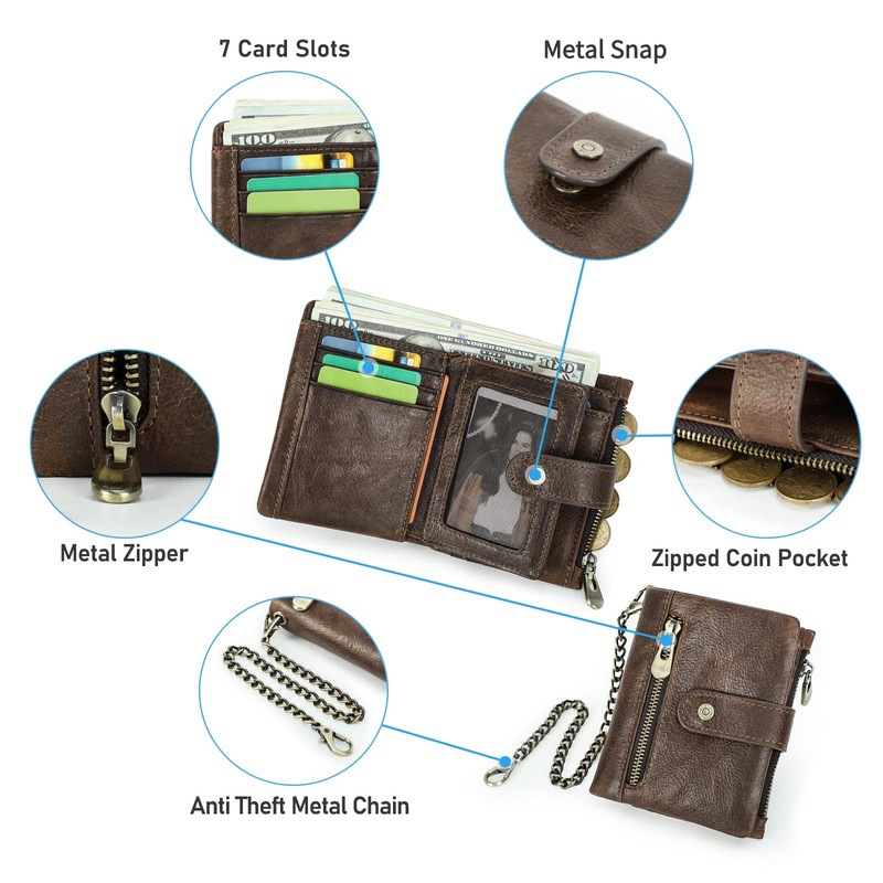 [Contacts] Crazy Horse Oil Leather RFID Anti-Theft Zipper Zipper Multi-septum