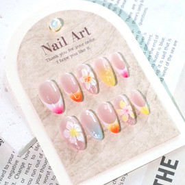 Press On Nails, Summer Flower Fake Nails, Cute Design Floral Stick On Nails, Short Square Almond Ballet Shape Glue on Nails on 24PCS (Almond Orange Flower)