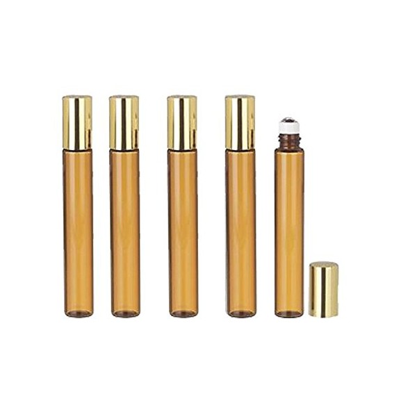 Grand Parfums 6 Pcs Thin Tall Amber Glass Brown 10ml Roll on Bottle with Gold Metallic Caps for Essential Oil Steel Metal Roller Ball for Travel