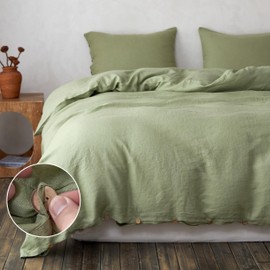 Simple&Opulence 100% Linen Duvet Cover Set, 3 Pieces Belgian Flax Breathable Bedding, 1 Comforter Cover+2 Pillowshams with Coconut Button Closure(Queen,Sage Green)