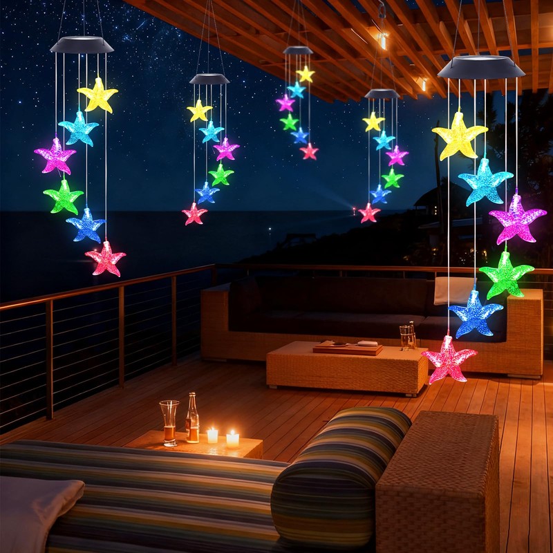 Starfish Solar Wind Chimes for Outside with Color Changing LED