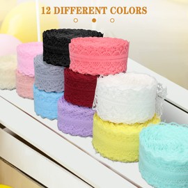 Anruyi 12 Rolls Lace Ribbon, 3cm Wide Fabric Lace Ribbon Assorted Color Lace Trim Roll Colored Lace Trimming Edging Lace Trim Roll Lace Ribbon Trimming for Sewing DIY Craft Wedding Party Decor Clothes