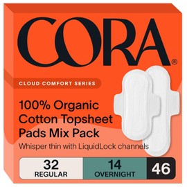 Cora 100% Organic Cotton Topsheet Pads Multipack (32 Regular, 14 Overnight Pads)