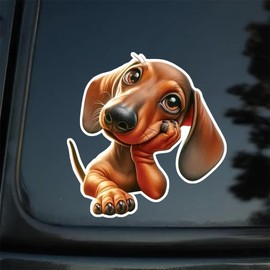 2pc Cute Cartoon Dachshund Car Decals 4.92''x5.12'' - Sausage Dog Vinyl Sticker for Car Rear Window, Laptop, Glass, Metal, Ceramic Surfaces, Truck, Motorcycle, Window, Wall | CZ27