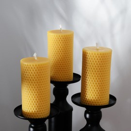 Pure Natural Beeswax Pillar Candles - Pack of 3 - Honeycomb Surface, No Scent- for Emergency/Prayer/Relax (2inch Diameter, 4 inch Tall - Yellow)