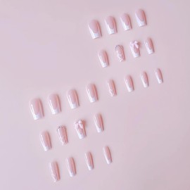 Valentine's Day Press on Nails Square Coffin Medium Fake Nails White French False Nails Press ons with Heart 3D Bow Rhinestones Design Pink Nail Art Tips Full Cover Acrylic Nails for Women 24 Pcs