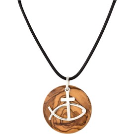 MaMeMi Beautiful necklace with Christian motif made of 925 sterling silver in front of olive wood pendant, diameter 3 cm, gift for confirmation/communion, Sterling Silver