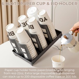 Atarvana 6 Slots Paper Cup and Lid Holder for 8-20oz Cups, Disposable Coffee Cup Dispenser of 2 Display Design for Coffee Station, Bar, Office, Home, Restaurant, Breakroom, Countertop