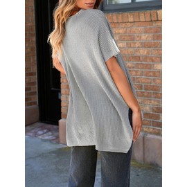 SHEWIN Womens Sweaters Crew Neck Summer Tops for Women Lightweight Oversized Sweaters for Women Pullover Knit Womens Tops Casual Grey Large