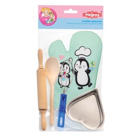 Heless 232 Baking Set for Children in Penguin Polka Dot Design, 5-Piece Baking Accessories with Oven Glove, Baking Mould Heart, Rolling Pin & Wooden Cooking Spoon and Whisk