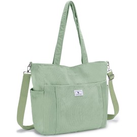 VX VONXURY Tote Bag for Women Corduroy Large Shoulder Bag with Multi Pockets Lightweight Handbag with Removable Strap for Work College Shopping,Light Green