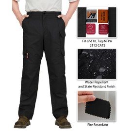 VATRENUS Men's FR Cargo Pants-10pockets Relax Fit Lightweight 6oz 100% Cotton Rip-Stop Flame Resistant Fire Retardant Jeans Water Repellent Finish Black