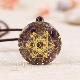 Orgone Pendant Metatron Cube Reiki Amethyst Necklace, Orgonite Crystal Protection Amulet, Amethyst, Agate
