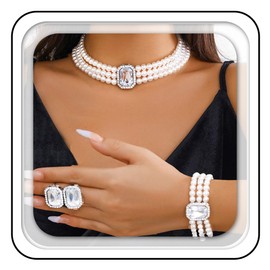 Brishow Pearl Necklace Set Crystal Earrings Bracelet Set Wedding Jewelry Set Women (Pack of 3) (3 Layered, Silver)