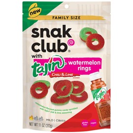 Snak Club Watermelon Rings, Tajin Chili & Lime Seasoned, Sweet and Spicy Gummy Candy, Mild in Heat Bold in Flavor, Low-Fat, Vegan, Gluten-Free Snack, Family Size, 11 Ounce