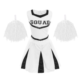 Ladies Cheerleader Costume with Jumbo Pom Poms - Womens Highschool Cheerleader American Style Fancy Dress Outfit (White – UK 14-16)